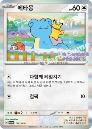 A Korean Pokémon Trading Card Game card featuring transformed Dittos. The card has a light blue border, a colorful illustration of the blue creature and yellow Pikachu in a pond, and Korean text including '메타몽'.