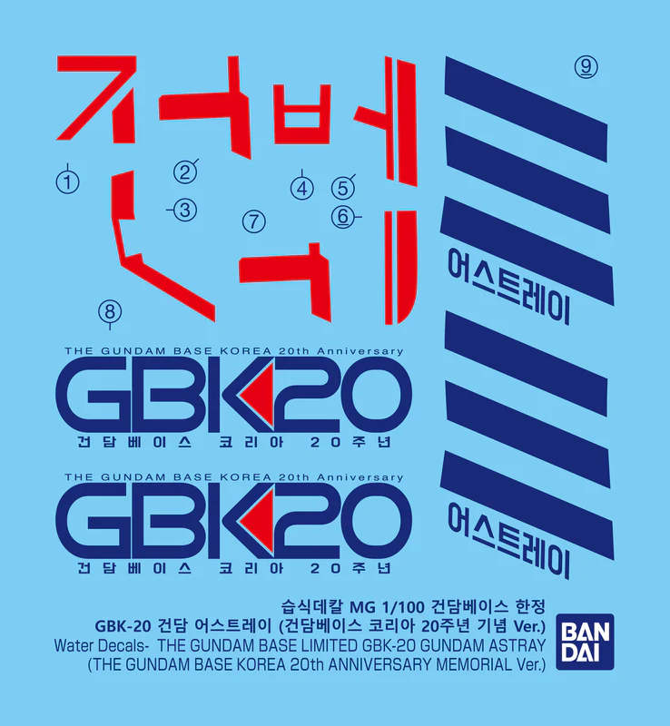 Gundam Base Korea 20th Anniversary decal sheet with red and blue graphics on a light blue background.